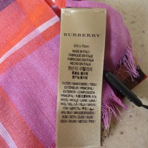 Burberry Bright Orange Red Check Wool/Silk Scarf - Picture 4 of 5